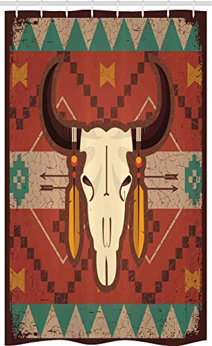 ABAKUHAUS Longhorn Schmaler Duschvorhang, Bull Kopf, Badezimmer Deko Set aus Stoff mit Haken, 120 x 180 cm, Rost Braun Grün