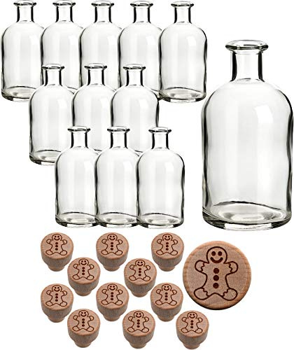 gouveo 12er Set Glasflasche 250 ml Apotheker mit graviertem Korken Lebkuchenmann - Leere Korkenflasche 0,25 l zum Befüllen - Apothekerflasche für Weihnachten (AFR250HGKX-MAS3)
