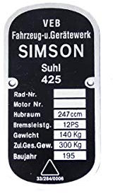 Typenschild für Simson AWO 425 Touren - abgerundet