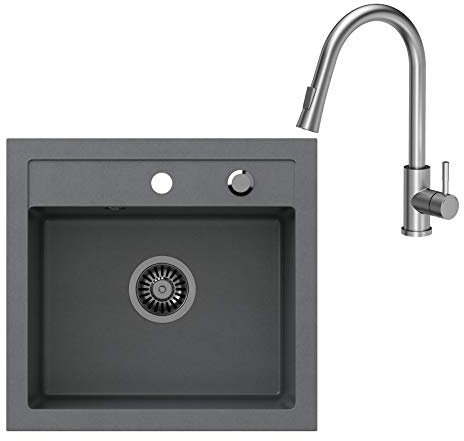 VBChome Spülbecken + Armatur 50 x 47 cm Grau Spüle Einzelbecken Küche Einbauspüle Verbundspüle Küchenspüle gesprenkelt flächenbündig + Siphon Waschbecken