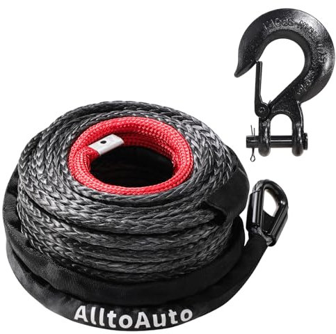 AlltoAuto Dyneema - Cuerda de cabrestante con gancho, 3/8 pulgadas x 100'-25000 libras, cable de línea de cuerda sintética para cabrestante con funda protectora para camión 4WD todoterreno, accesorio