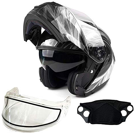 Typhoon TH158 Adult Dual Visor Modular Snowmobile Helmet DOT Full Face Flip-up (Whie/Black, XXL)