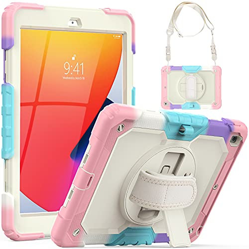 SEYMCY for iPad 9th/8th/7th Generation Case Kids 10.2 inch, Shockproof Sturdy with 360° Rotating Hand Strap & Stand, Screen Protector, Shoulder Strap, Pen Holder for iPad Cover 2021~2019, Pink