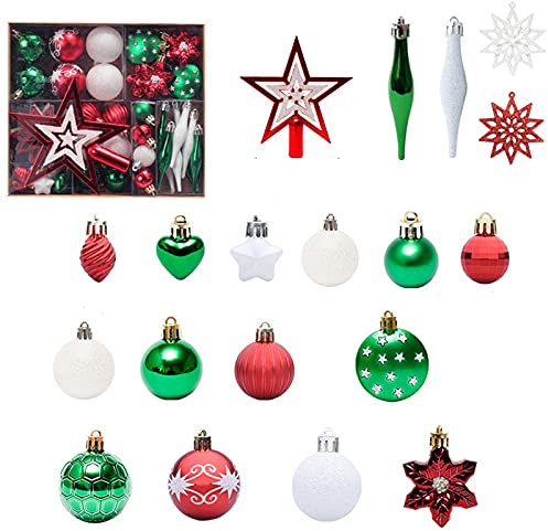 EXQULEG 58-teiliges Set Weihnachtskugeln, Plastik Christbaumkugeln Set, Bemalte Weihnachtsbaumkugeln Weihnachtsbaum Anhänger für Christbaumschmuck Weihnachtsdekoration (Rot Grün Weiß)