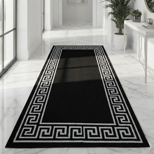 B&B Hallway Runner Kitchen Rug Non-Slip Washable Door Mat | 66 x 220 cm Anti Fatigue, Entrance Large Anti-Slip Floor Mat Stair Runner Rug Carpets - Greeky Rug - Black & Grey