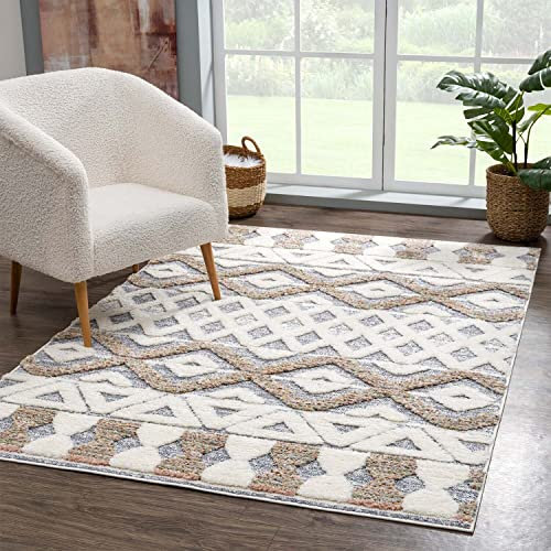 carpet city Teppich Hochflor Wohnzimmer - 200x290 cm - Scandi-Look Ethno Creme Grau - Cut-Loop, Hochtief, 3D-Effekt - Shaggy Teppiche Flauschig-Weich Schlafzimmer Langflor