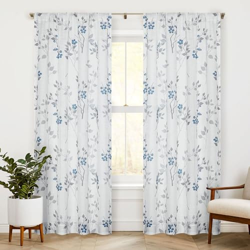Beauoop Fenstervorhänge mit Stangentasche, Blattdruck, 274 cm lang, botanisches Blumenmuster, Leinenstruktur, Vorhänge für Wohnzimmer/Schlafzimmer/Bauernhaus, Voile, blau/grau, 2 Vorhänge