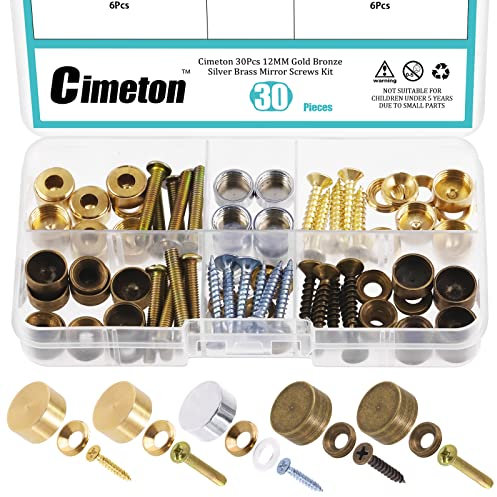 Cimeton Lot de 96 vis de miroir en laiton de 12 mm avec vis miroir et rondelles, capuchon en laiton décoratif pour miroir et tables à thé