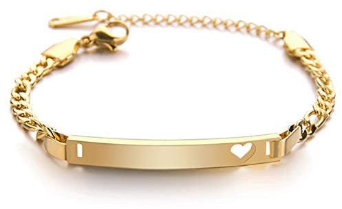 JewelryWe Schmuck Armband Herren Damen Edelstahl Herz Figaro Kette ID Armkette Figaro-Armband Verstellbar Kettenarmband mit Hochglanz Poliert Gravurplatte Gold