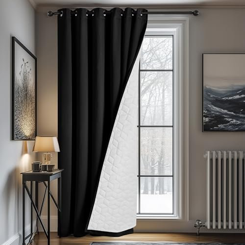 Deconovo Vorhang Winter Thermo Gardinen mit Ösen Doppellagig Fenstersvorhang Wärmeisolierende Vorhänge Schwerer Raumtrenner Kälteschutz, 260x200(HöhexBreite), Schwarz, 1 Stück