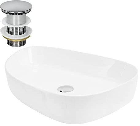 ML DESIGN modern living Lavabo en Céramique Blanc 55x42x18 cm Ovale avec Garniture de Vidage, Vasque à Poser, Design Moderne, Lavabo à Main, pour Salle de Bain/WC d'Invités