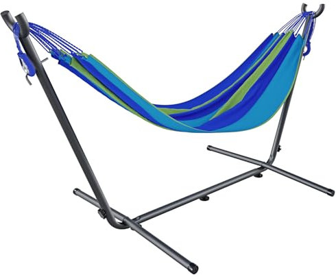 Amaca Da Giardino Con Supporto In Acciaio Portata 200 Kg Altezza Regolabile Telo Cotone Resistente Amaca Brasiliana Esterno Terrazzo Piscina Balcone Con Borsa 265 x 110 x 100 Cm Multicolore (Blu)