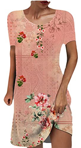 ORANDESIGNE Robe T-Shirt Femmes Décontractée Robe Tunique Ample Tops Robes Casual élégante Robes Courte Col en V Manches Courtes Imprimé Ethnique Rétro Mini Robe Printemps et Eté D Rose XS