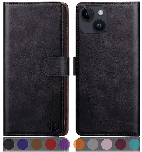 SUANPOT design for iPhone 15 6.1 inch case with [Credit Card Holder][RFID Blocking],PU Leather Flip Book Protective Cover Women Men for Apple 15 Phone case Black