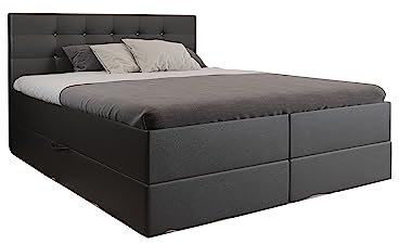 KEF Malaga Boxspringbett 160x200 cm - Bett mit Matratze und Topper - Doppelbett mit Bettkasten - Polsterbett mit Kopfstütze - Bonell-Matratze H3 - Schwarz Kunstleder