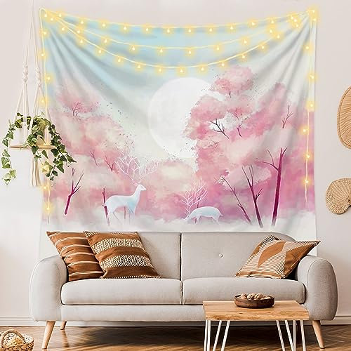 Wandteppich Pink Tree Elch Wandtuch Home Deko Wandbehang für Schlafzimmer Wohnzimmer Wohnheim Wandteppich Aesthetic Tapestry Wandkunst Wand Teppiche (150x130cm)