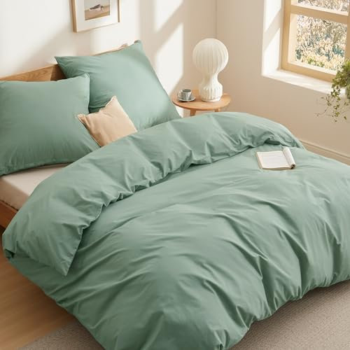 BEDSURE Bettwäsche 200x200 Baumwolle Grün - Bettwäsche-Sets 200 x 200 cm Bettbezug 3teilig mit 2 Kissenbezüge 80x80 cm, Oeko-TEX Bedding Salbeigrün mit Reißverschluss