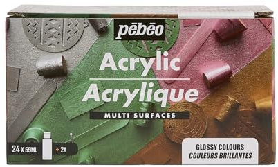 PEBEO - Acrylique Multisurfaces - Set 24 Flacons 59ml Brillant Couleurs Assorties + Accessoires - Kit de Peinture Acrylique pour Artiste et Débutant - 2 Pinceaux - Couleurs Lumineuses et Opaques