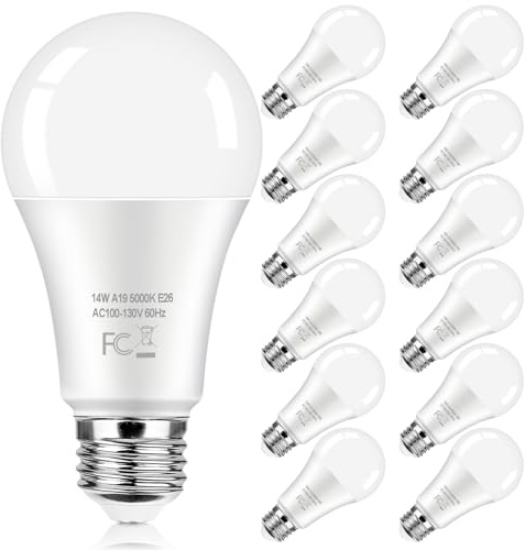 LED-Leuchtmittel, 100 W, entspricht 1600 Lumen, A19, 14 W, superhell, Tageslichtweiß, 5000 K, Standard-E26-Glühbirnen, nicht dimmbar, 25.000 + Stunden Lebensdauer, kein Flimmern, 12 Stück