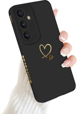 Newseego Handyhülle Samsung Galaxy S24 5G Hülle für Frauen Mädchen, Gold Herz Muster Weich Flüssigsilikon S24 Hülle Ultra Dünn Niedlich Herz Rand Kamera Schutzhülle für Samsung Galaxy S24-Schwarz