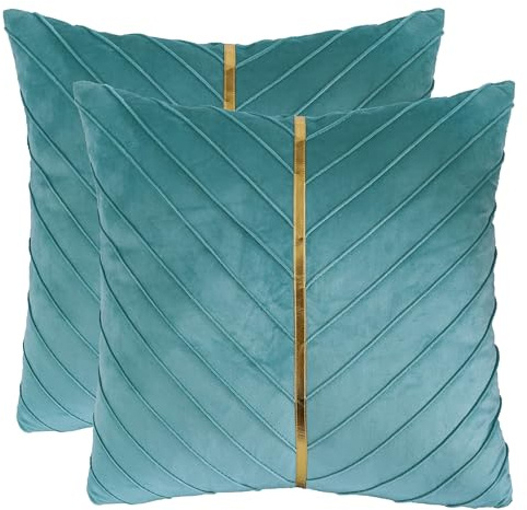Tosleo Aqua Green Velvet Throw Pillow Covers 20x20 inch Pack of 2 with Gold Leather Decorative Couch Pillow Cover Luxury Modern Pillowcases for Living Room Bedroom Sofa Cushion Bed 50x50CM