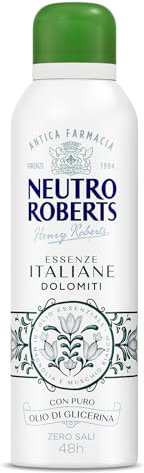 Neutro Roberts, Dolomiti Deodorant Spray ohne Aluminiumsalze, keine Flecken, mit ätherischem Öl aus Magnolie und weißem Moschus, mit reinem Glycerinöl, Deodorant für Damen und Herren, 200 ml, 48h