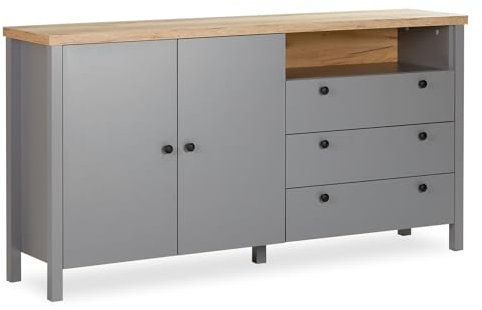 Homestyle4u 2493, Stilvolles Sideboard Kommode in Grau 166,5 cm Natur Holz Schrank Schubladen Anrichte Wohnzimmerschrank