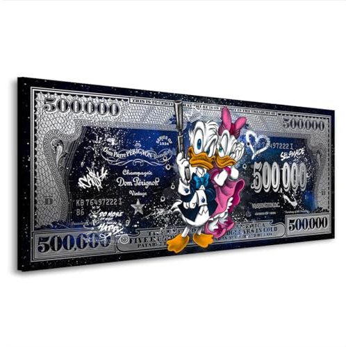 Kunstgestalten24 Leinwandbild Pop Art Dollar mit Donald & Daisy – Streetart Wandbild Geld Schein – Urban Art Deko für Wohnzimmer Büro Jugendzimmer – Selfmade Design 100x40x2cm