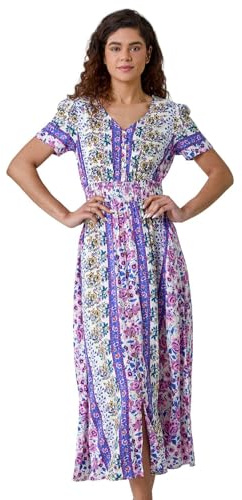 Roman Shirred Empire Waist Dress for Women UK Ladies Midi Maxi Summer Spring Tiered Frill Hem Short Sleeve V Neck Button Through Boho Bohemian Holiday Cruise