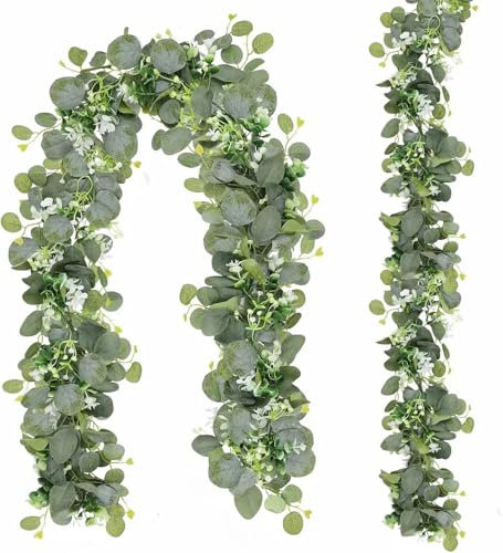 N&T NIETING Künstliche Eukalyptusblätter Girlande, 2 Stück Greenery Reben Girlande mit weißen Blumen, 6Ft hängende Ivy Girlande für Hochzeit Bogen Hintergrund Home Table Indoor Outdoor Decor