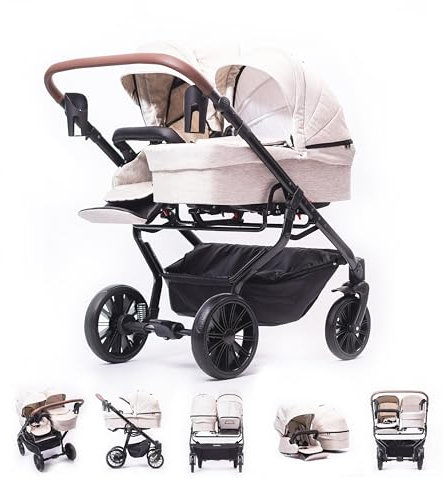 ZEKIWA Geschwisterwagen 3 in 1 [+ SPORTWAGENAUFSATZ] Zwillingswagen 3 in 1, Gestell schwarz + Wickeltasche + Regenschutz Kinder Duo einfachen Klappsystem - inkl. Becherhalter - Zekiwa DreamDuo (Beige)