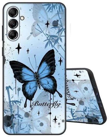 Sinyunron Handyhülle Kompatibel mit Samsung Galaxy A14 4G/5G Hülle Silikon Matte Schwarz Rückseite mit Muster,Weiche Stoßfest Kratzfest Schlanke TPU Softschale Schutzhülle,Schmetterling