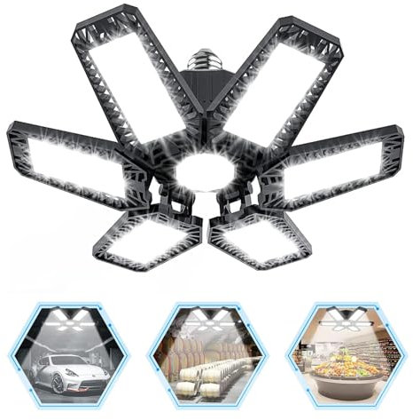YIQIBRO Lampe Eclairage LED Garage 30W 6500K 1 Pièces- Plafonnier LED Garage avec 6 + 1 Panneaux Déformables E27/E26 pour Atelier, Sous-sol