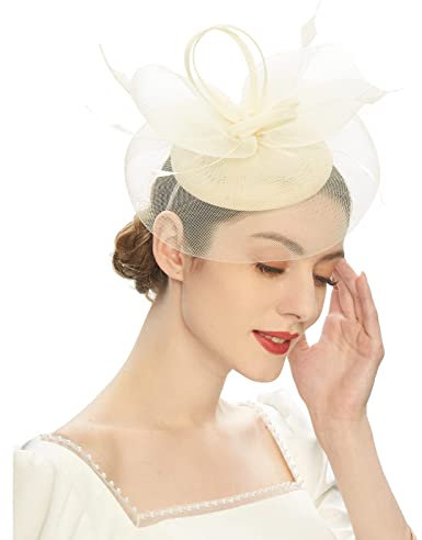 Kielsjajd Damen Fascinator Hut, Mesh Federn Stirnband Tea Party Clip Kopfbedeckung Haarschmuck für Party Kirche Hochzeit für Frauen Mädchen, Damen Fascinator Hut mit Federn (a-Khaki, One Size)