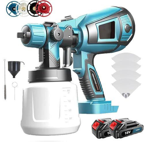 Akku farbsprühsystem für Makita 18V Akku BL1850, 1000 ML Farbspritzpistole mit 3 Düsen(1,0mm, 1,8mm, 2,5mm),4 Filterpapier 3 Muster, für den Innen- und Außenbereich (2X 3Ah Akkus)