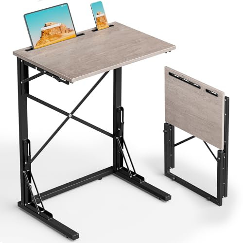 Evermagin 21''Wx28''H Folding TV Tray for Eating, Small Foldable C-Shaped Tray Table with Tablet and Phone Slots, Slide Under Couch Side Table for Recliner, Living Room, Bedroom, Greige