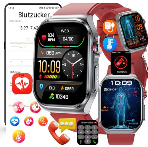 Fohatu Neu 𝐁𝐥𝐮𝐭𝐳𝐮𝐜𝐤𝐞𝐫 Smartwatch Herren 𝐃𝐢𝐚𝐛𝐞𝐭𝐞𝐬 ECG Smartwatch Mit Telefonfunktion,ECG Bludruck 𝐛𝐥𝐮𝐭𝐟𝐞𝐭𝐭𝐞 Smartwatch Harnsäure,smartwatch Bluetooth Anrufen, Rot