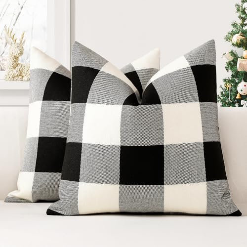 JOTOM 2er Set Buffalo Plaid Kissenbezüge, Dekorative Weich Plaid Wurf Kissenbezug Moderne Kissenhüllen Sofakissen Dekokissen Zierkissenbezug für Wohnzimmer Schlafzimmer Deko (45x45cm, Weiß+Schwarz)