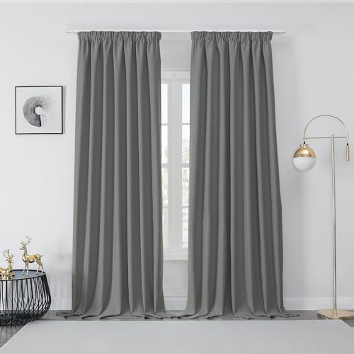 Joydeco Gardinen mit Kräuselband Blickdicht Vorhänge Schienensystem Verdunkelungsvorhang mit Haken Thermovorhang Kälteschutz Schlafzimmer Wohnzimmer 2er Set 245x132cm Hellgrau