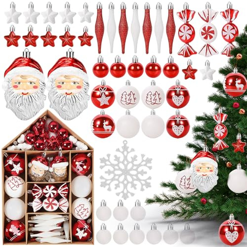 Boules de Noël 70 Pièce Boule Sapin de Noel,Noel Decoration Sapin Boules avec Ornements Suspendus Incassables Boules de Noël Décorations de Sapin Intérieure et Extérieure- Deco Noel (Rouge et Blanc)