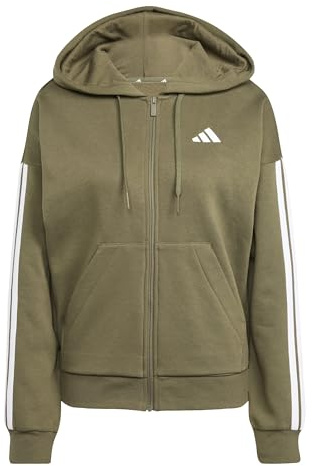 adidas Donna Essentials 3-Stripes Full-Zip Fleece Hoodie, Olive Strata/White, XL