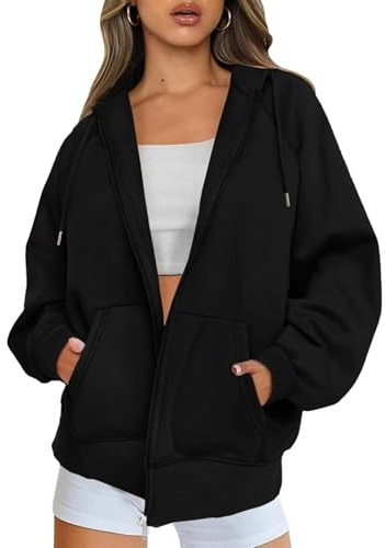 Timuspo Sweat à capuche à manches longues pour femme - Veste à capuche zippée - En polaire - Sweat-shirt oversize - Fermeture éclair - Uni - Automne - Vestes Y2k - Pull à capuche, Noir , XL