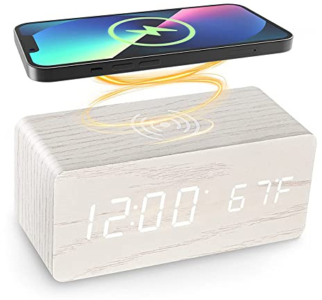 ChicBosomn Bedside Wireless Charging Radio Alarm Clock with Dimmable LED Display Non Ticking Mains Powered Dual Alarm Clock with USB Charger(C)