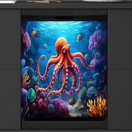 Mexpekil Dishwasher Magnetic Cover, Red Big Octopus in the Deep Sea Magnetic Dishwasher Sticker Cover Magnetic Cover for Dishwasher Kitchen Art Decor