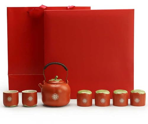 Traditionelles chinesisches kreatives Hochzeitstee-Set, 1 Kanne und 6 Tassen Geschenk-Box, Keramik, Doppelglück, bedeutungsvolles Kung-Fu-Teeset als Hochzeitsgeschenk für Brautpaare
