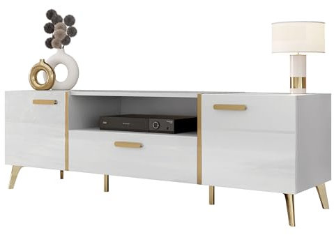 Mirjan24 TV Lowboard Picru 150 2D1SZ, TV Schrank mit Schublade, 2 Türen und offenem Fach, Fernsehschrank, Fernsehtisch, Unterschrank (Weiß/Weiß Hochglanz + Gold)