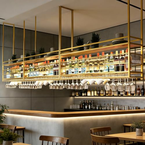 amhricho Deckenregal Weinregal, 2-Lagiger Industrieller Hängender Weinflaschenhalter mit Glashalter, Metall-Deckenregal für Bar Café Küche, Gold, 100x30x50+40cm