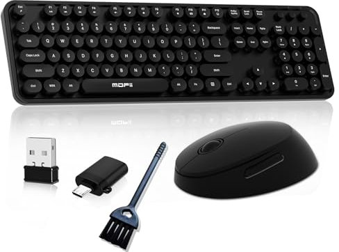 Wireless Keyboard and Mouse, COOFUN Cute Colorful 104 Keys Full Size Typewriter Keyboards Retro Cordless Key Board Ergonomic Keyboards and Mouse Wireless for Windows, PC, Laptop, Desktop (Black)