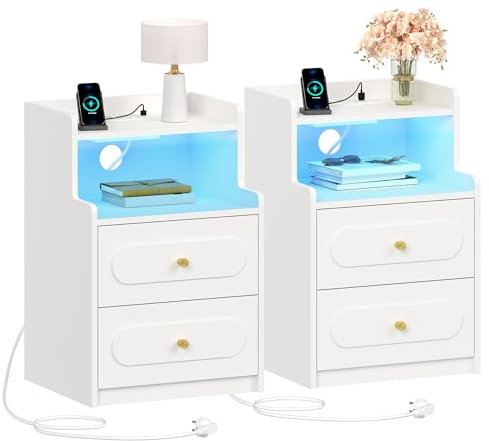 HEXCELEN Table de Chevet Lot de 2 avec Lumière LED et Multiprise, Table de Nuit avec 2 Tiroirs et 1 Compartiment Ouvert, Tables d'appoint avec Rangement, pour Chambre à Coucher, Salon, Moderne, Blanc