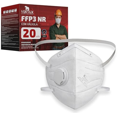 VENTUX SAFETY EQUIPMENT Mascarilla FFP3 con Válvula de Exhalación – Certificación CE – Filtración ≥99% – Desechable – Protección Respiratoria Profesional – Color Blanco
